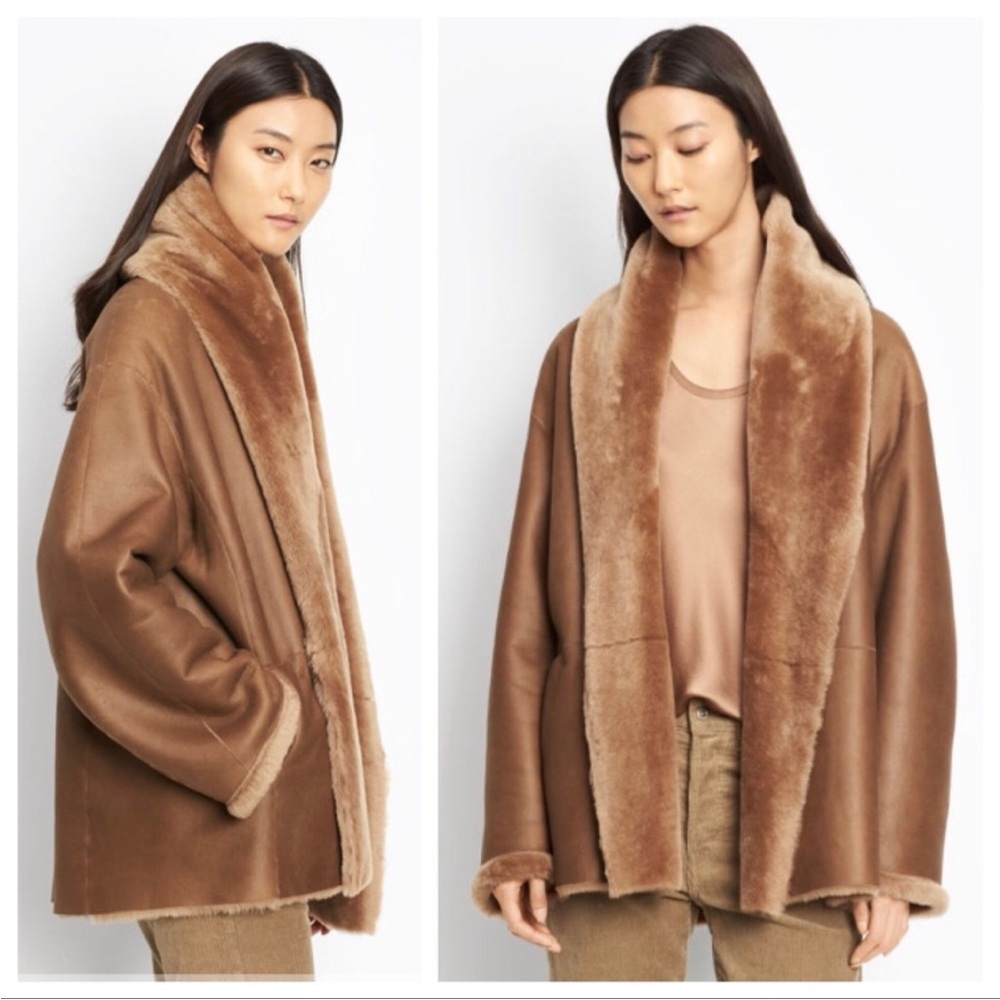 Vince camel shawl collar reversible shearling leather coat with hood jacket S